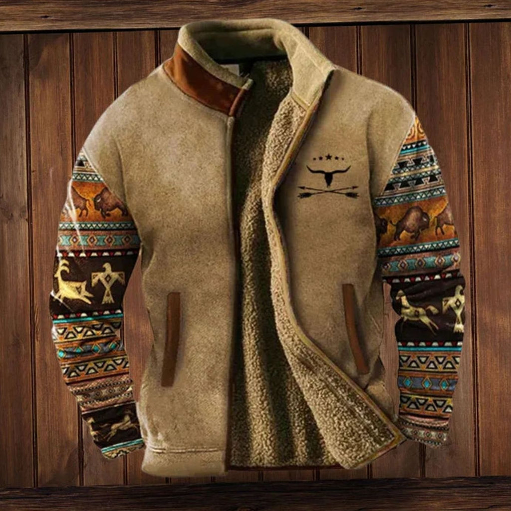 Men's Sherpa-Lined Print-Sleeve Zip-Up Winter Coat - Tan