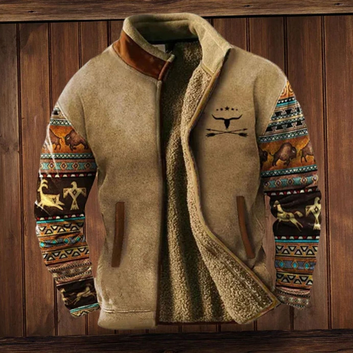 Men's Sherpa-Lined Print-Sleeve Zip-Up Winter Coat - Tan