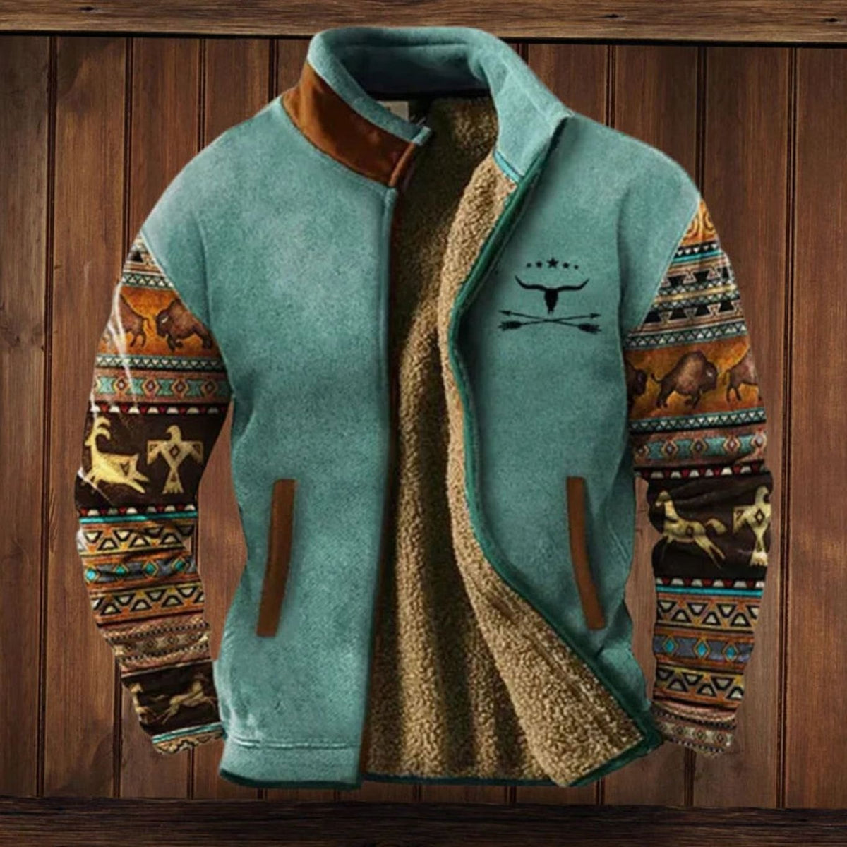 Men's Sherpa-Lined Print-Sleeve Zip-Up Winter Coat - Turquoise