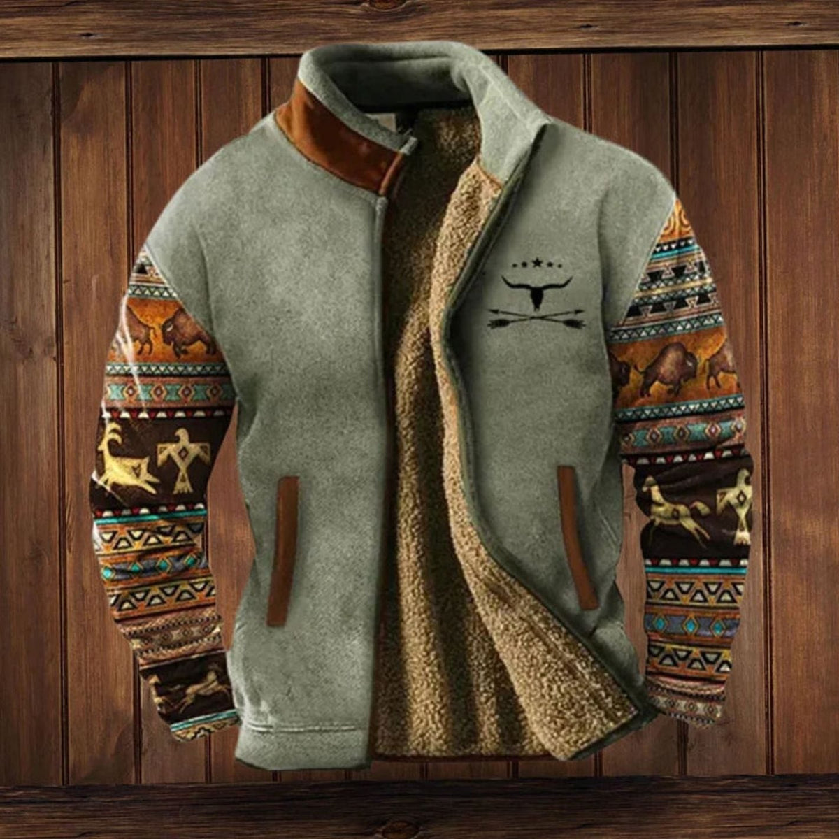 Men's Sherpa-Lined Print-Sleeve Zip-Up Winter Coat - Sage