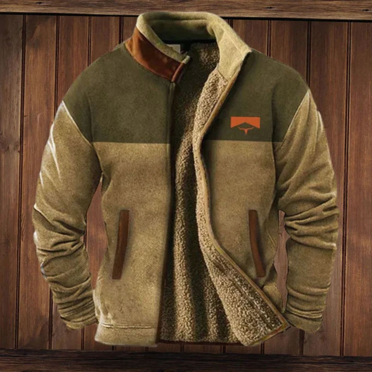 Men's Sherpa-Lined Print-Sleeve Zip-Up Winter Coat - Khaki