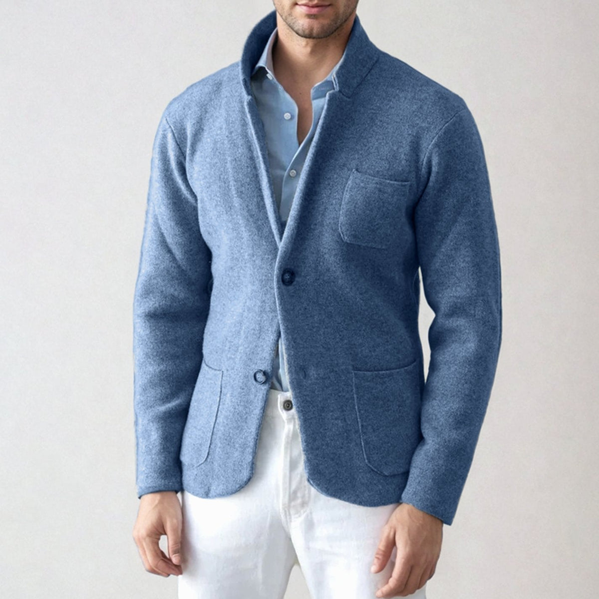 Men's Slim-Fit Blazer-Style Knit Cardigan with Patch Pockets - Light Blue
