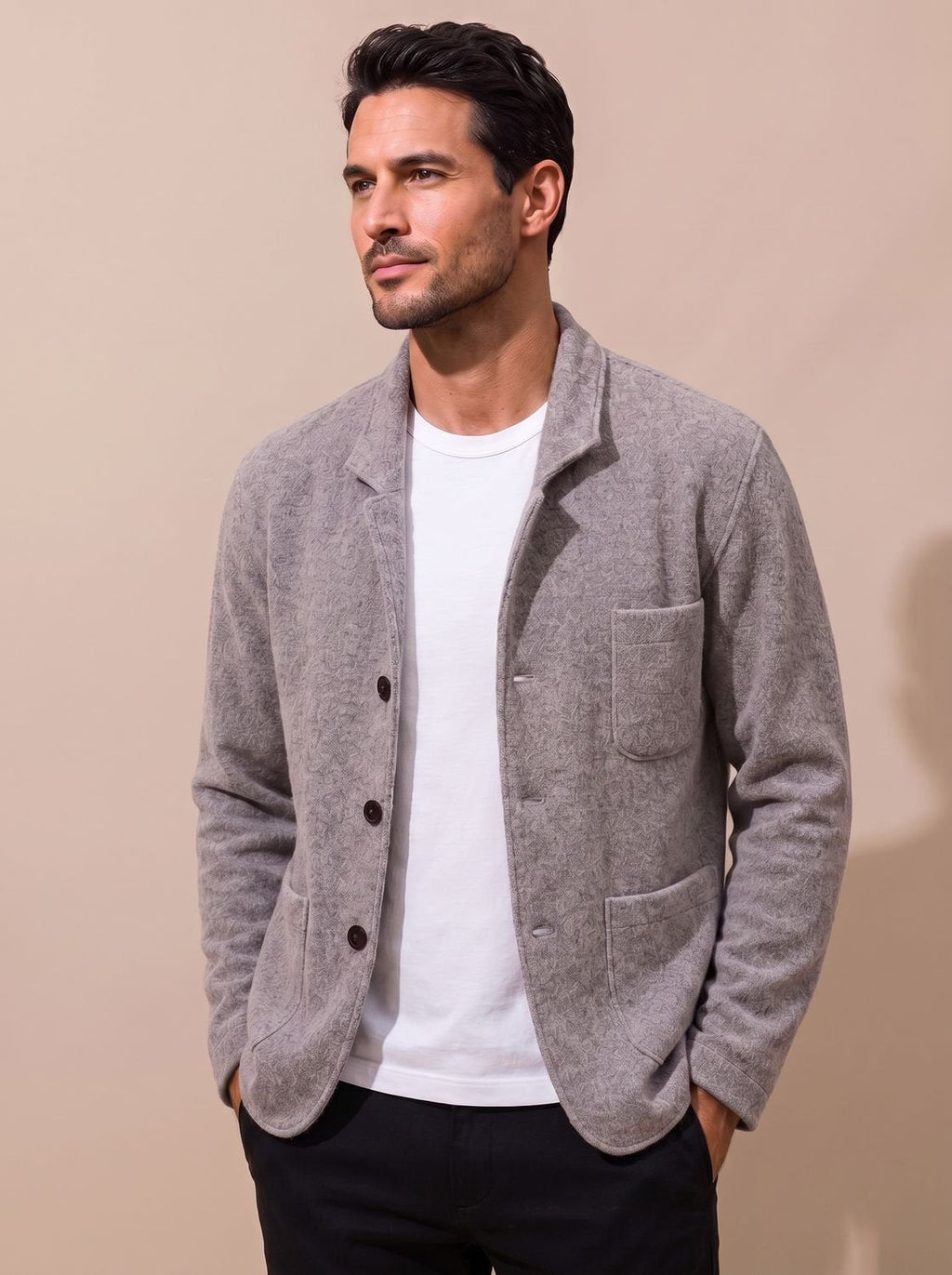 Men's Slim-Fit Knit Cardigan with Notched Lapel - Gray