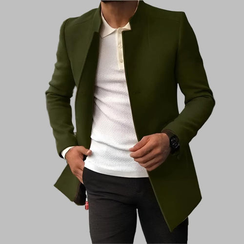 Men's Collarless Wool Coat - Green