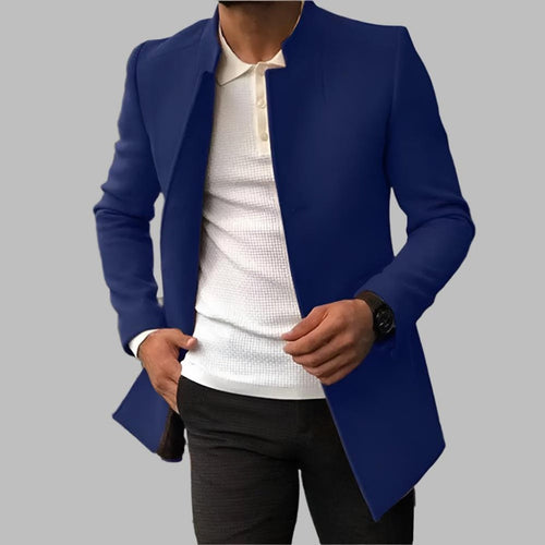 Men's Collarless Wool Coat - Blue