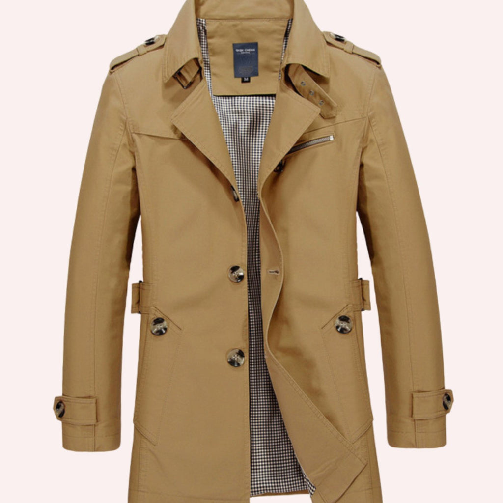Men's Slim-Fit Double-Breasted Trench Coat - Khaki