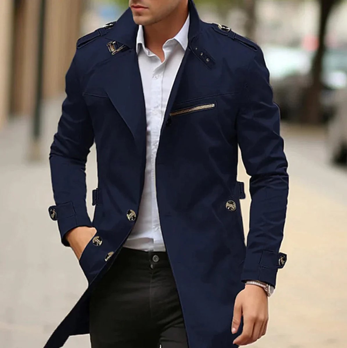 Men's Slim-Fit Double-Breasted Wool Coat - Dark Navy