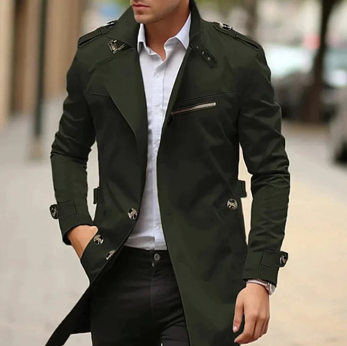 Men's Slim-Fit Double-Breasted Wool Coat - Green