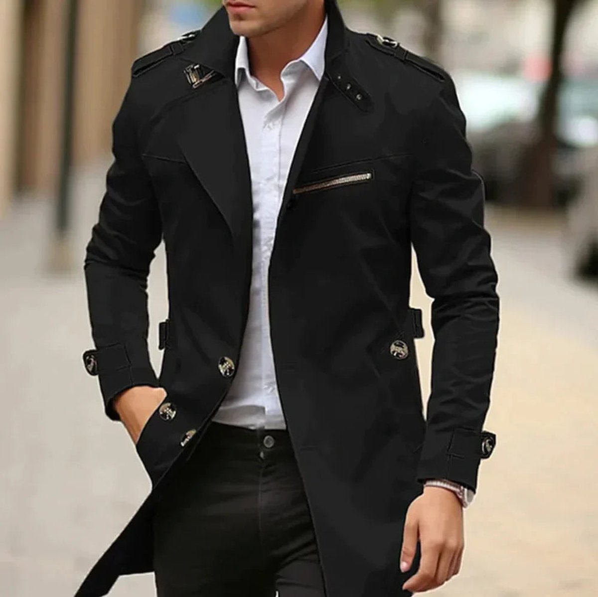 Men's Slim-Fit Double-Breasted Wool Coat - Black