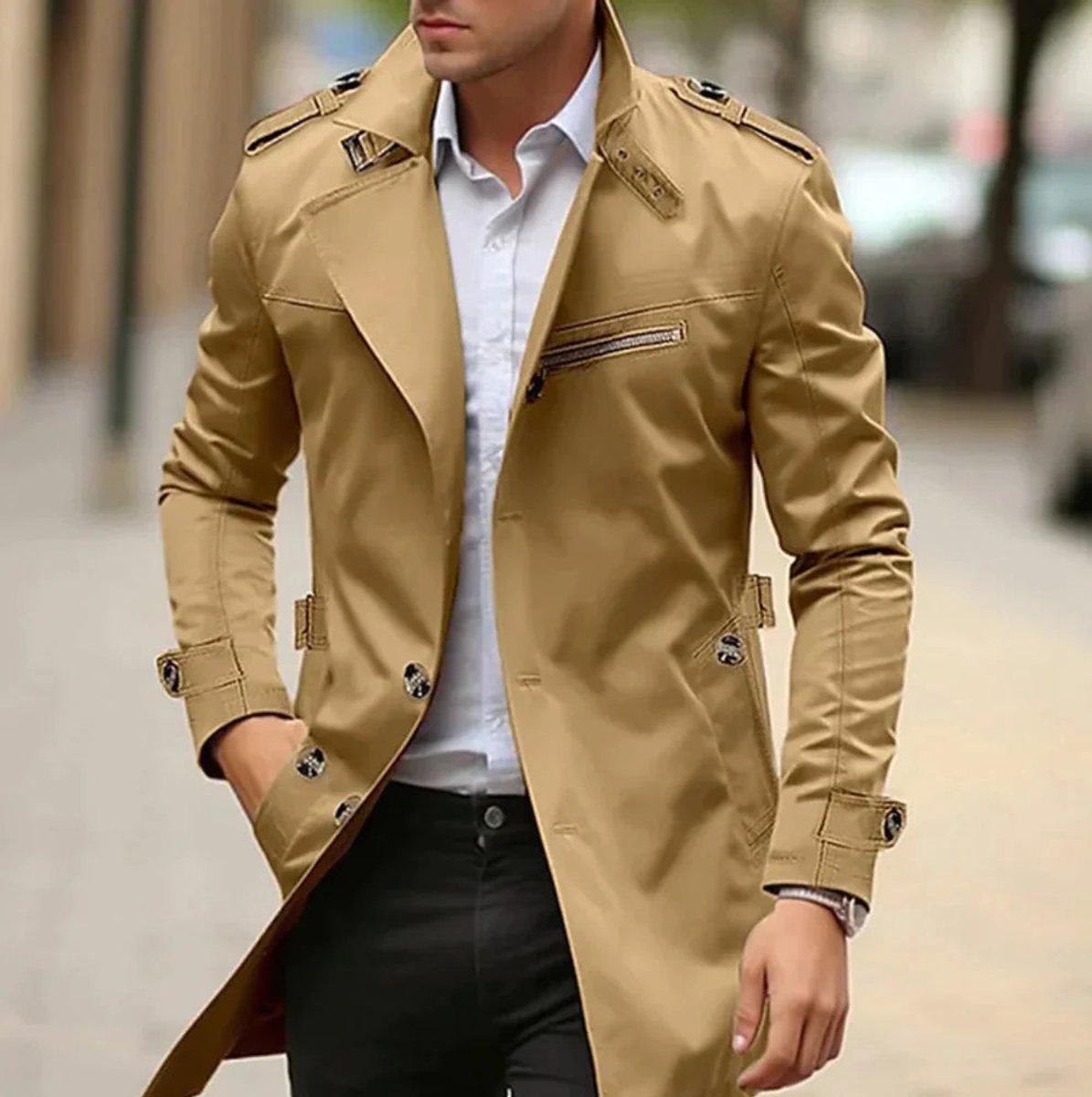Men's Slim-Fit Double-Breasted Wool Coat - Dark Beige