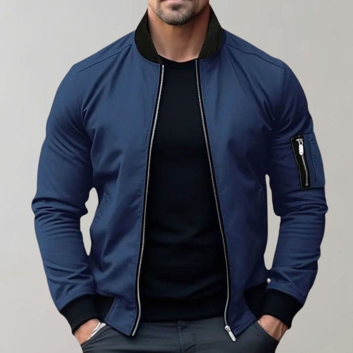 Men's Slim-Fit Ribbed-Collar Bomber Jacket - Blue