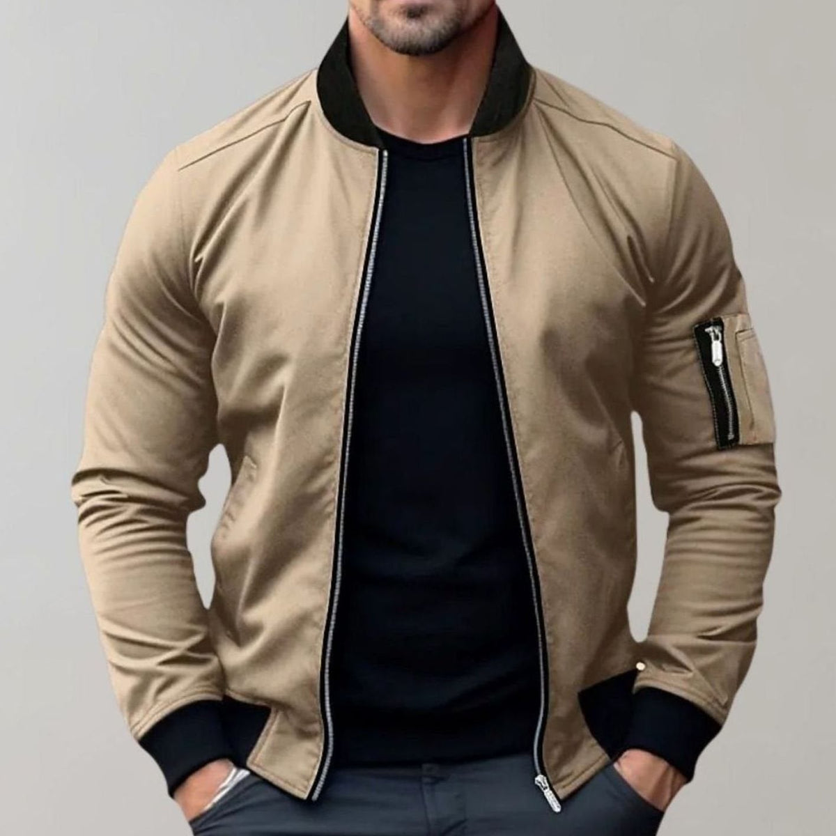 Men's Slim-Fit Ribbed-Collar Bomber Jacket - Khaki