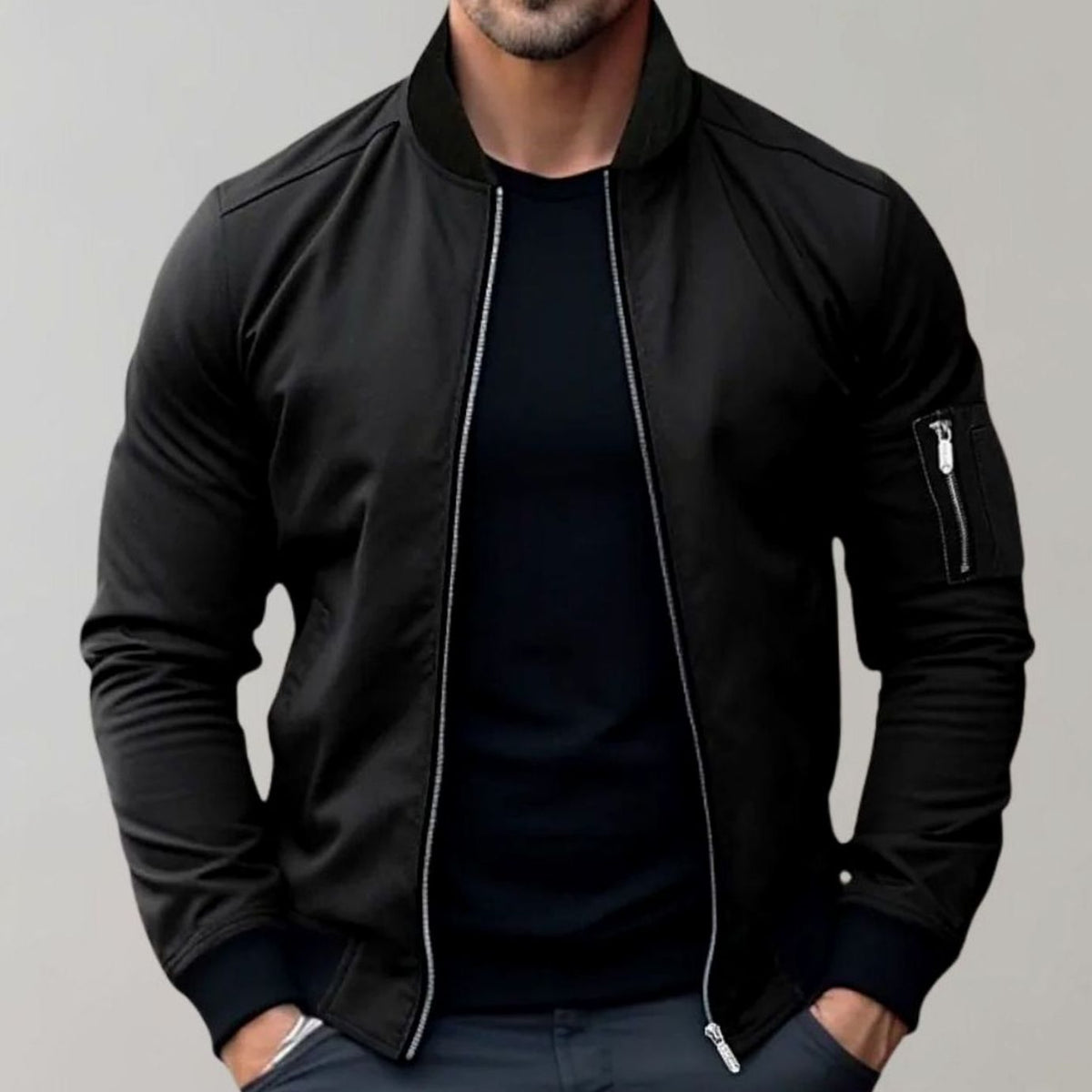 Men's Slim-Fit Ribbed-Collar Bomber Jacket - Black