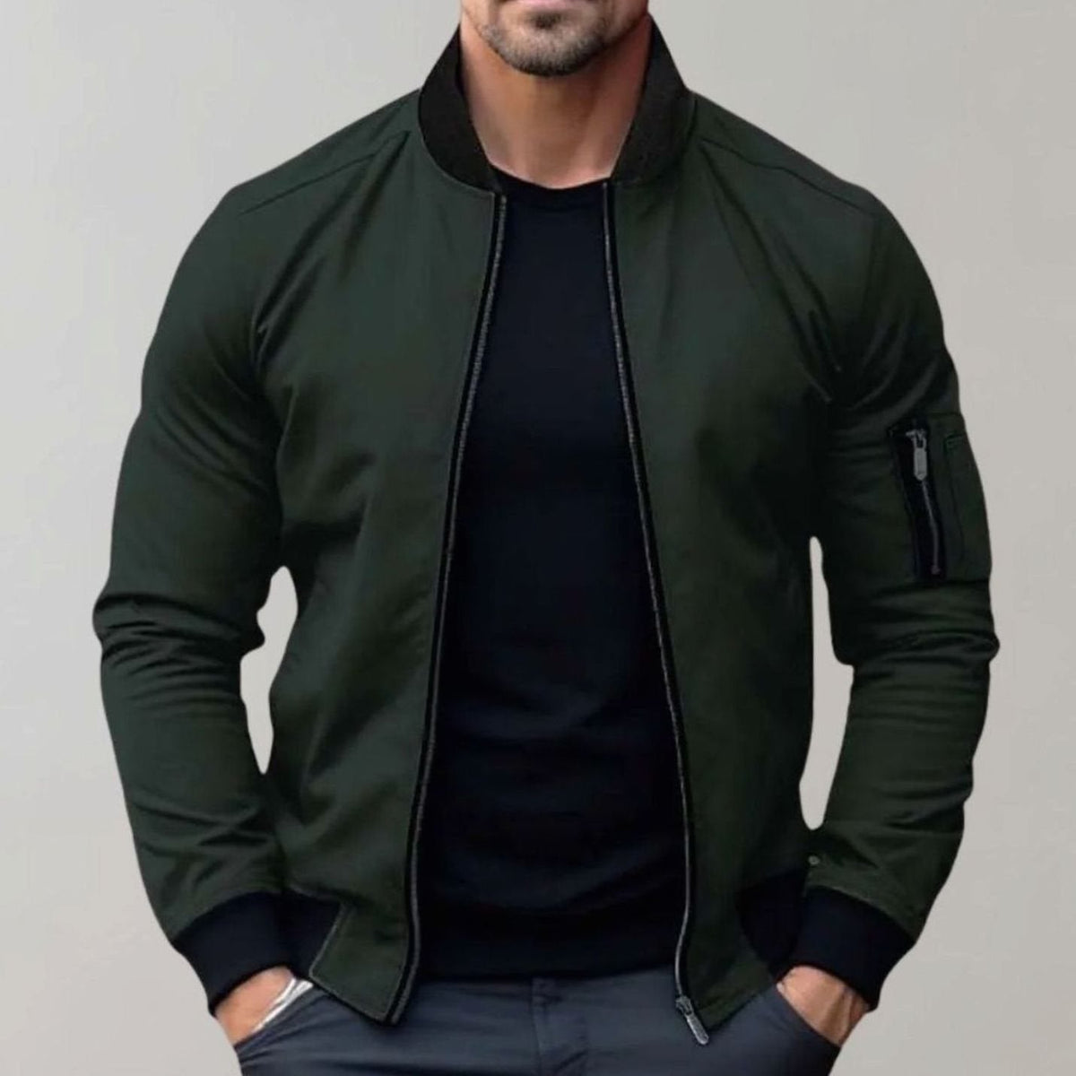 Men's Slim-Fit Ribbed-Collar Bomber Jacket - Green