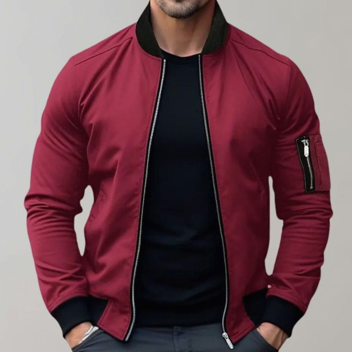 Men's Slim-Fit Ribbed-Collar Bomber Jacket - Burgundy