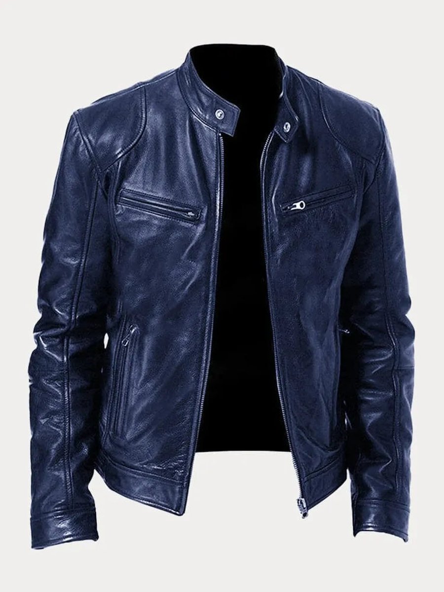 Men's Quilted Leather Moto Jacket - Dark Blue