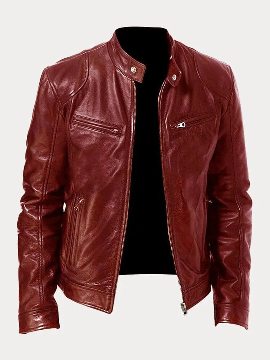 Men's Quilted Leather Moto Jacket - Dark Red