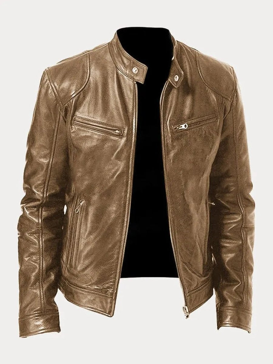 Men's Quilted Leather Moto Jacket - Khaki