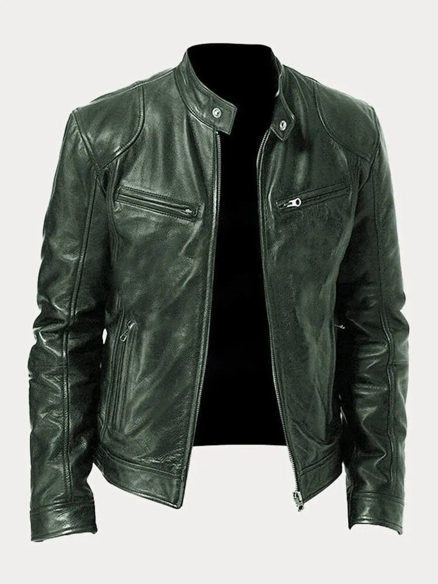 Men's Quilted Leather Moto Jacket - Military Green