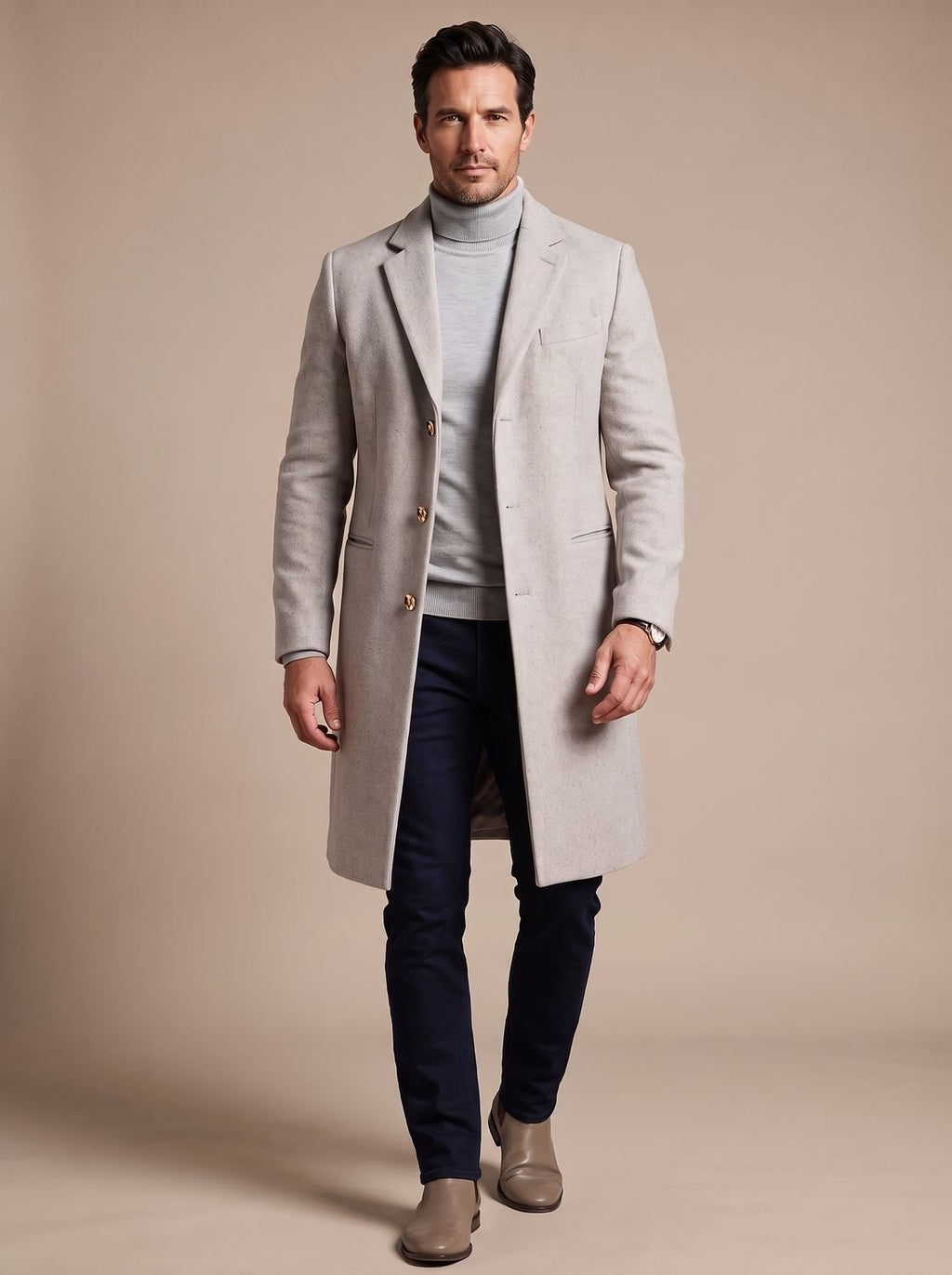 Men's Slim Fit Knee-Length Wool Blend Overcoat