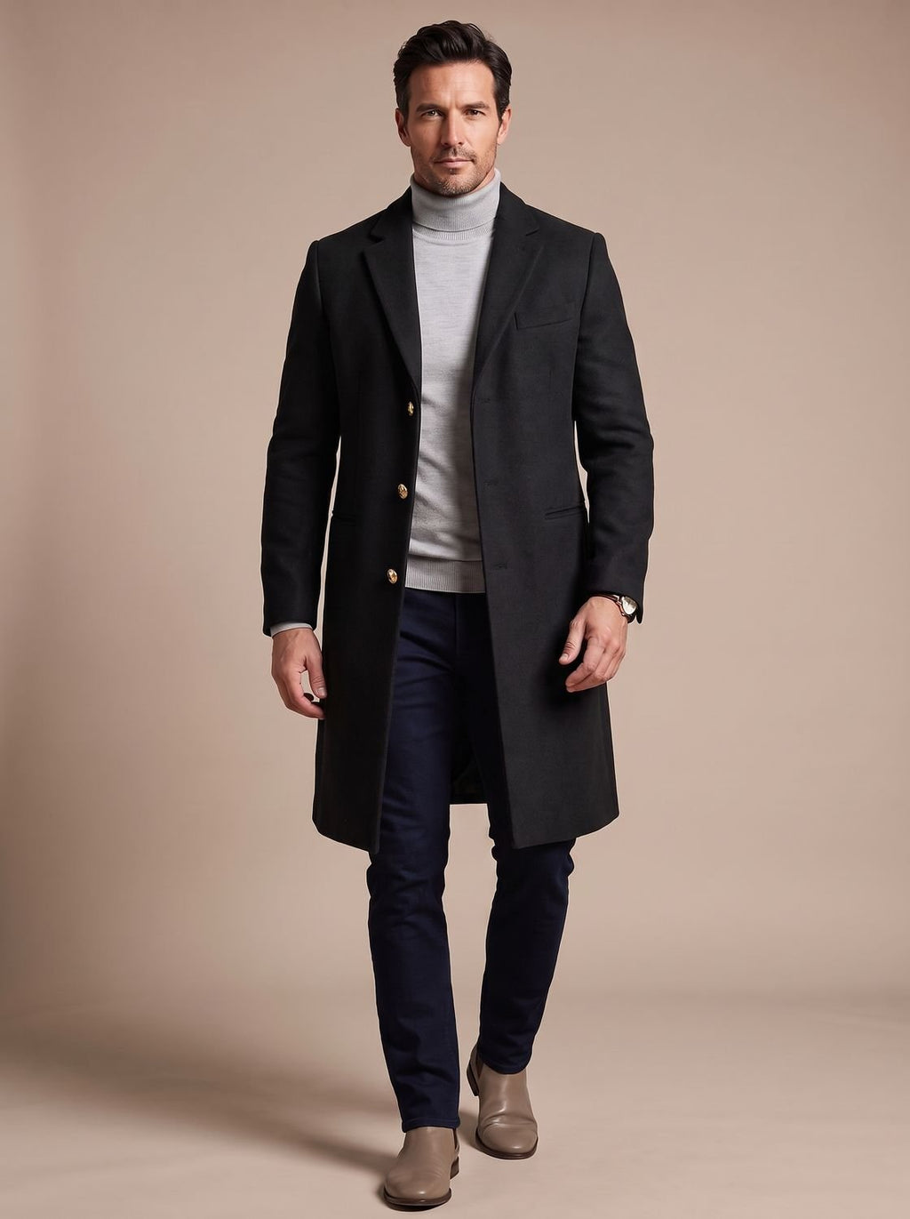 Men's Slim Fit Knee-Length Wool Blend Overcoat - Black