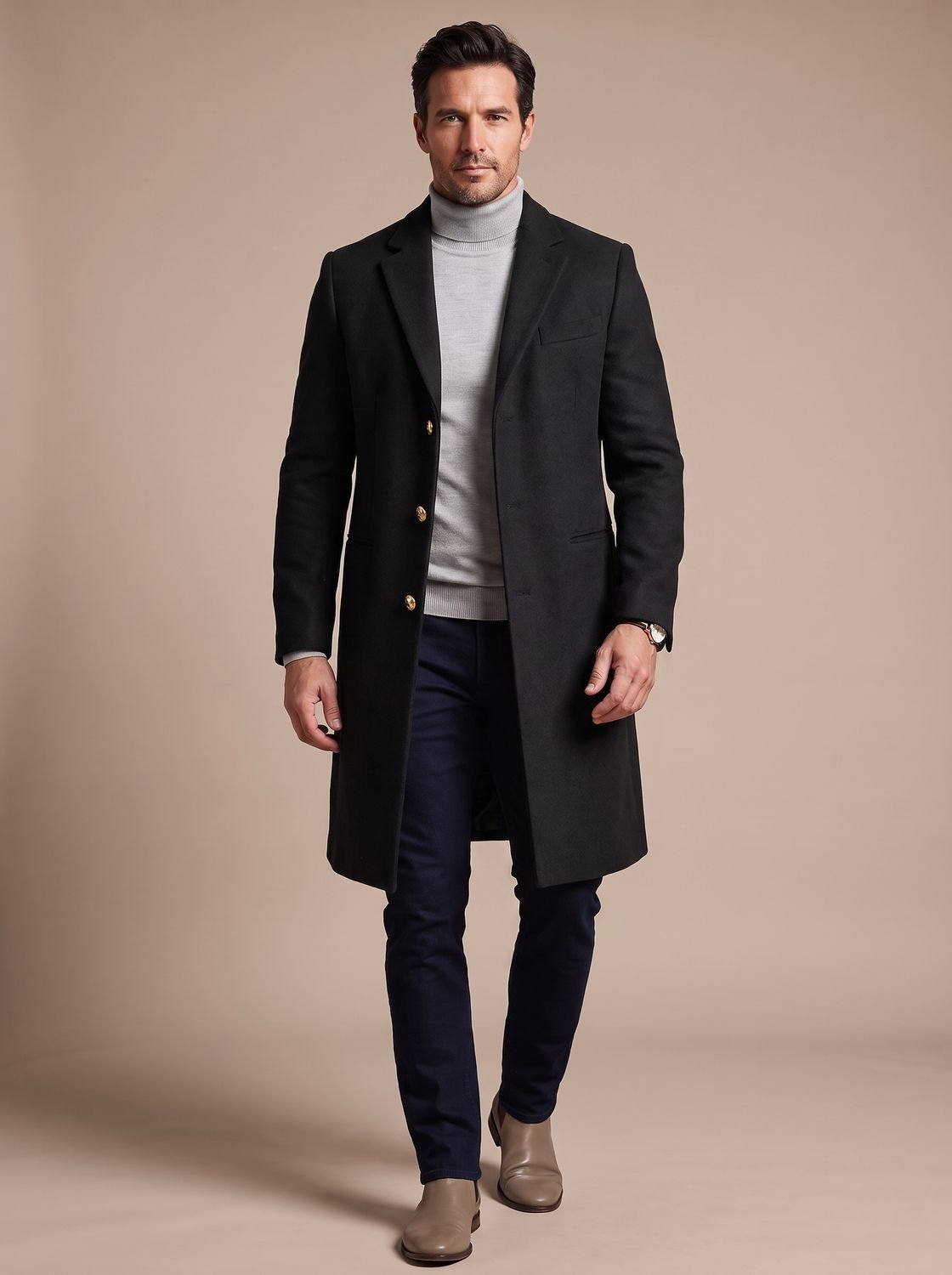 Men's Slim Fit Knee-Length Wool Blend Overcoat - Black