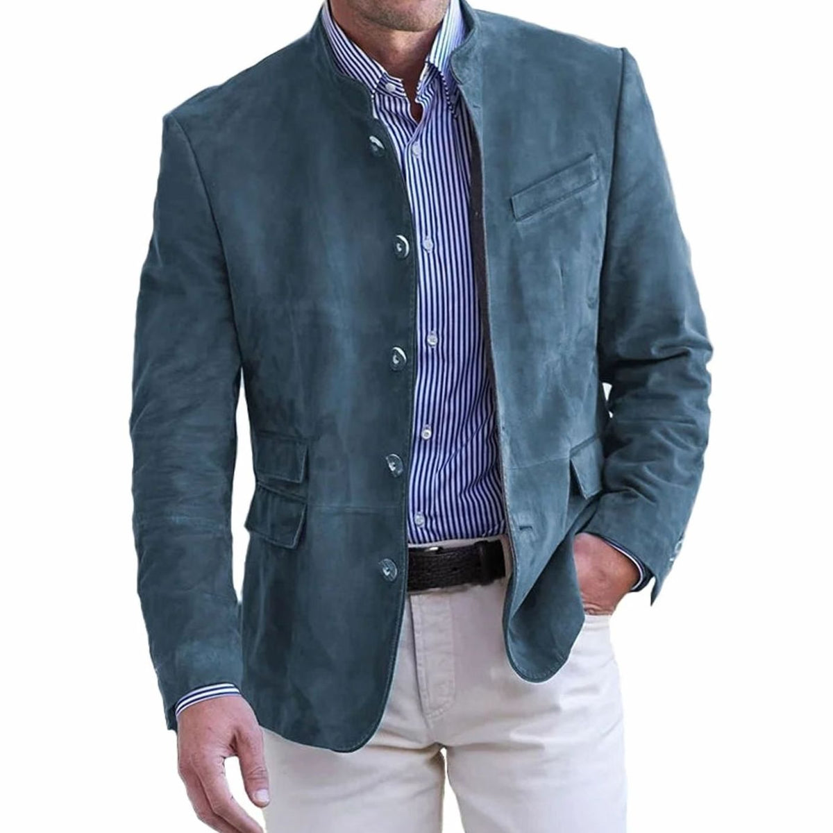 Men's Slim-Fit Stand-Collar Suede Blazer Jacket - Blue