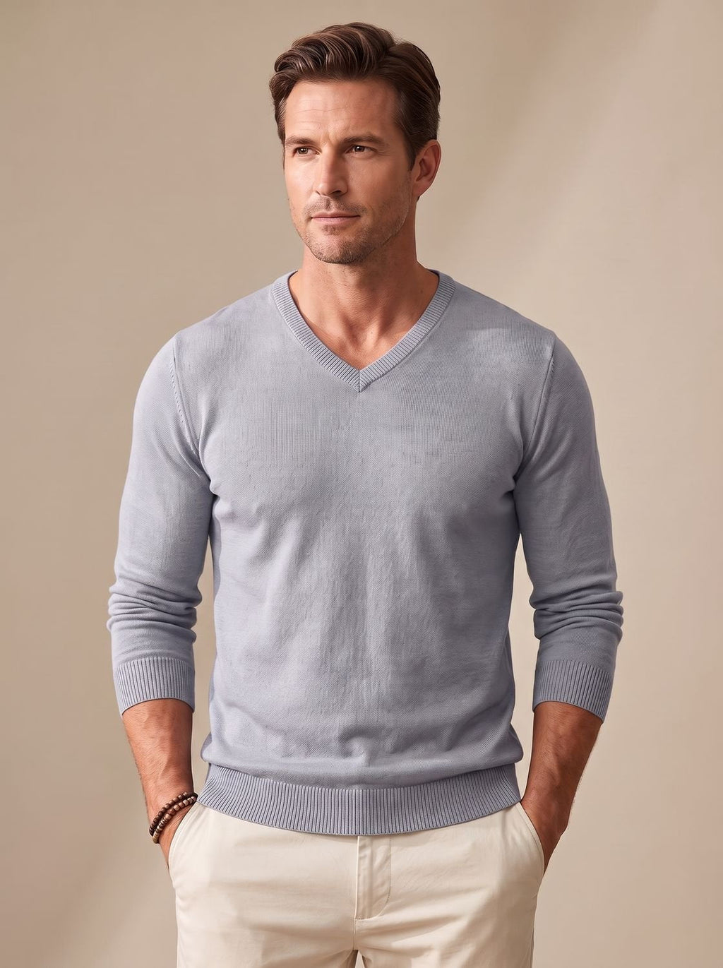 Men's Slim-Fit Stretch Fine-Knit V-Neck Sweater - Light Gray