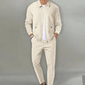 Men's Slim Fit Waffle Zip-Up Tracksuit Two Piece Set - Beige