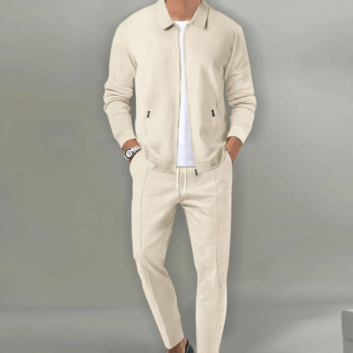 Men's Slim Fit Waffle Zip-Up Tracksuit Two Piece Set - Beige