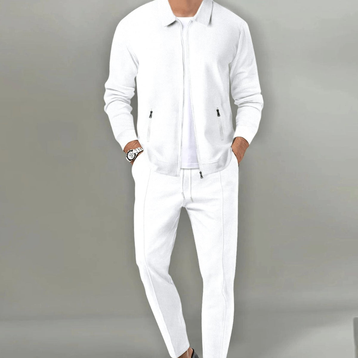 Men's Slim Fit Waffle Zip-Up Tracksuit Two Piece Set - White