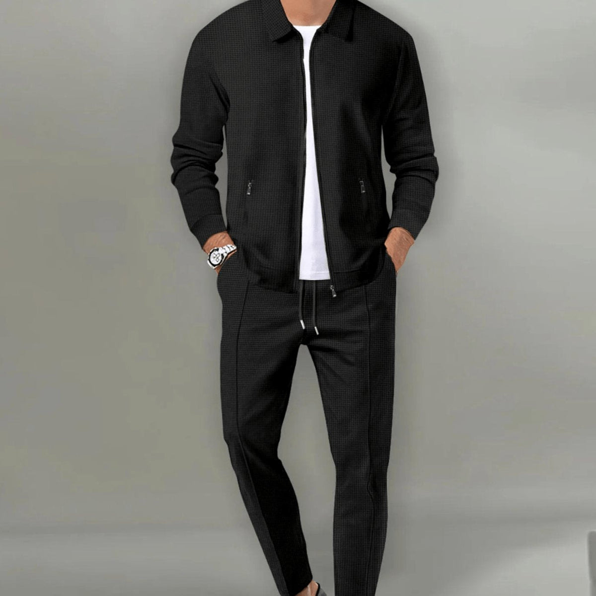 Men's Slim Fit Waffle Zip-Up Tracksuit Two Piece Set - Black