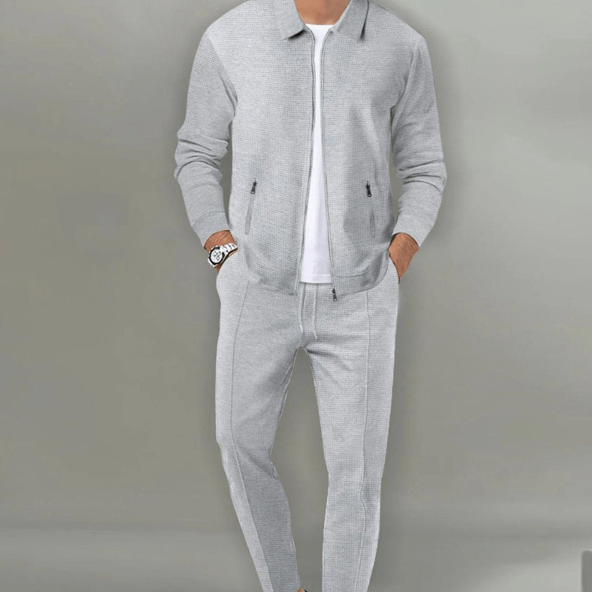 Men's Slim Fit Waffle Zip-Up Tracksuit Two Piece Set - Gray
