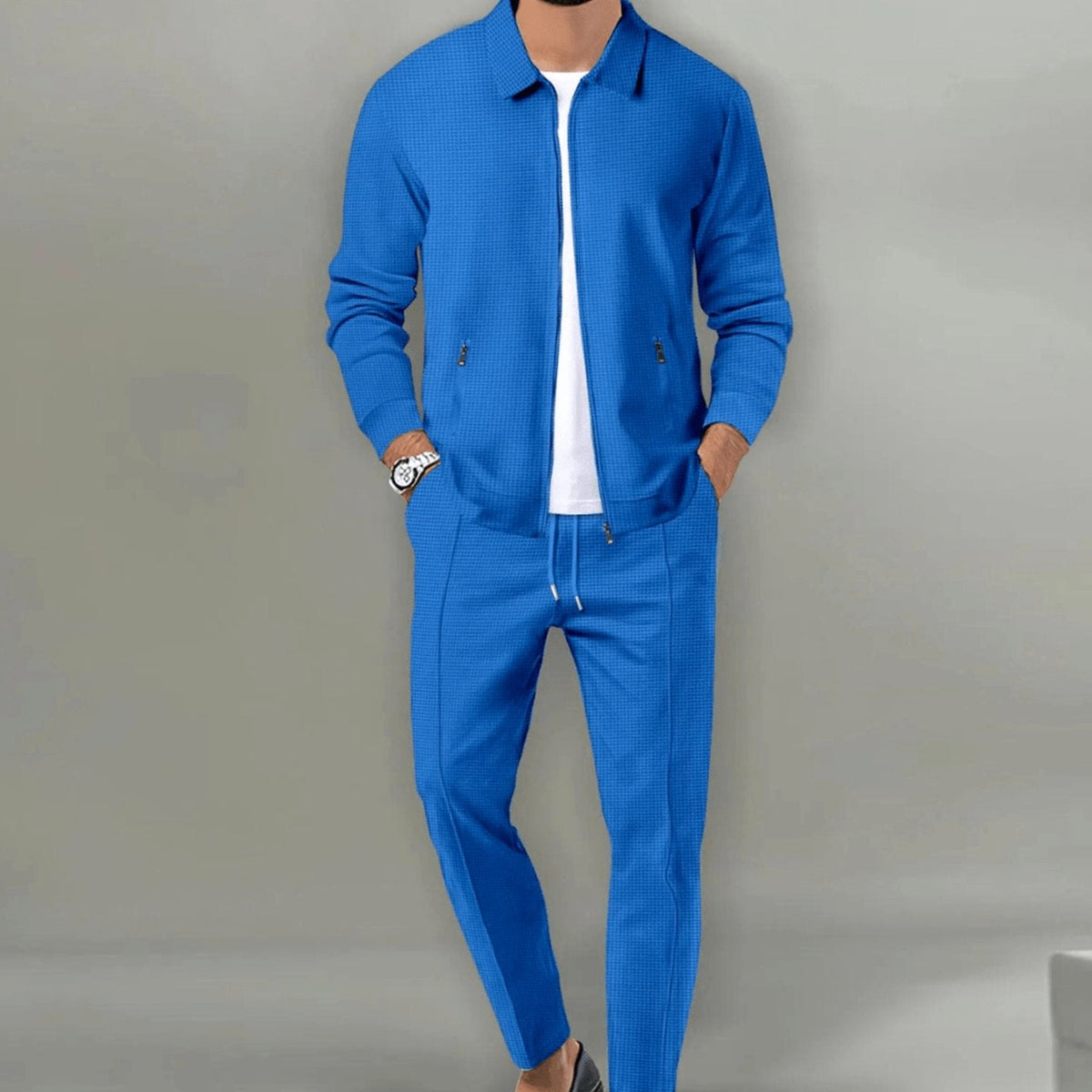 Men's Slim Fit Waffle Zip-Up Tracksuit Two Piece Set - Blue