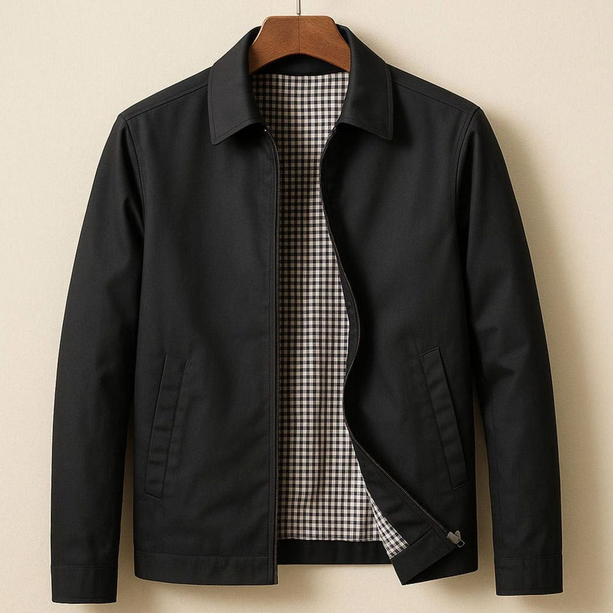 Men's Gingham-Lined Full-Zip Harrington Jacket - Black