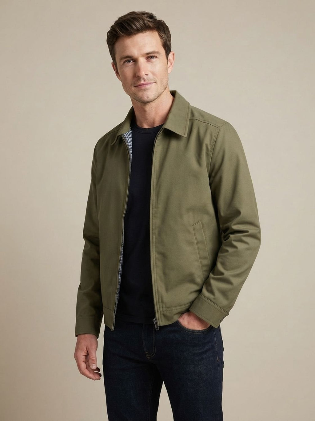 Men's Gingham-Lined Full-Zip Harrington Jacket