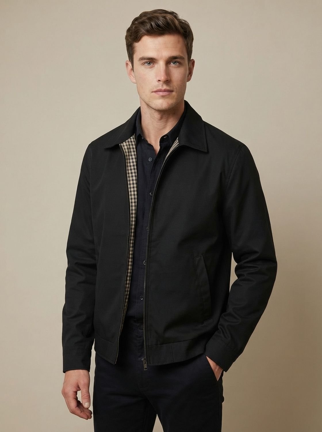 Men's Gingham-Lined Full-Zip Harrington Jacket