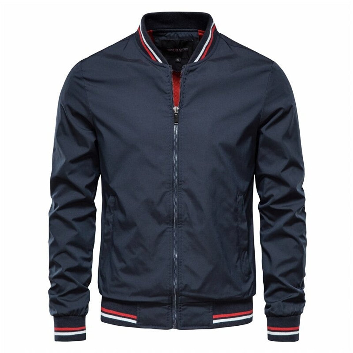 Men's Ribbed-Trim Zip-Up Bomber Jacket - Navy Blue