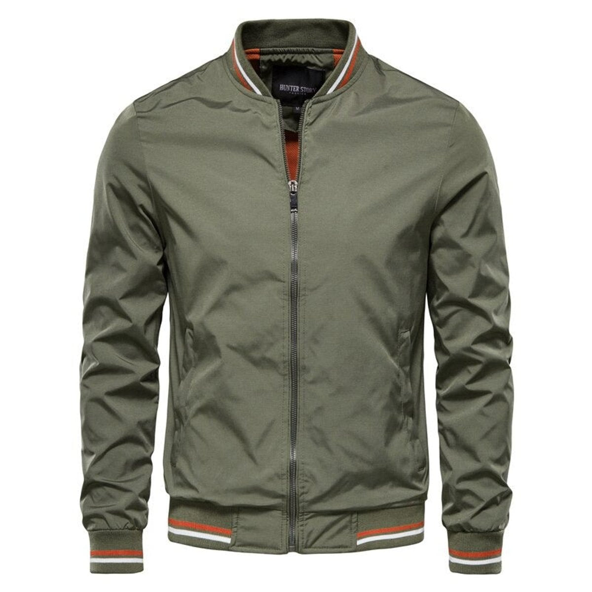 Men's Ribbed-Trim Zip-Up Bomber Jacket - Army Green