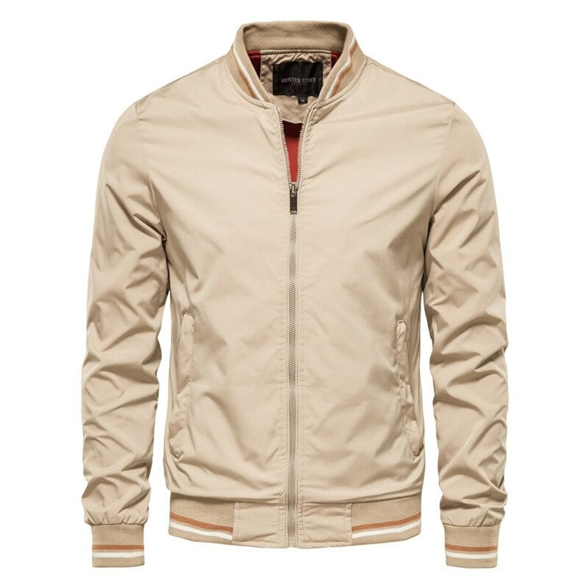 Men's Ribbed-Trim Zip-Up Bomber Jacket - Khaki