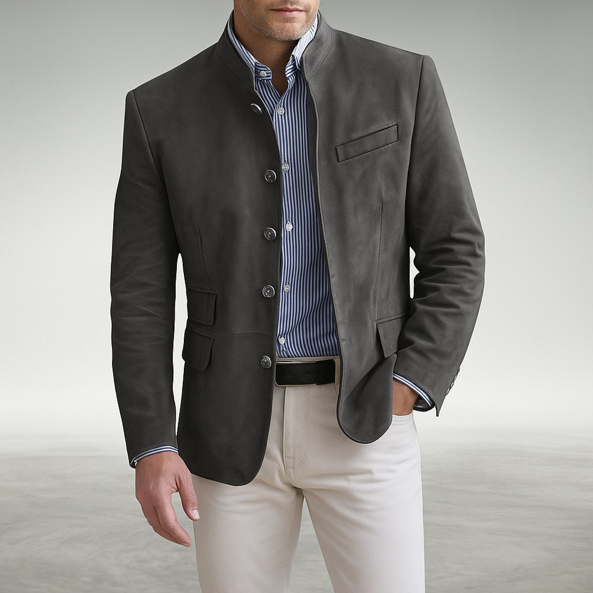 Men's Structured Mandarin Collar Button-Front Jacket - Gray