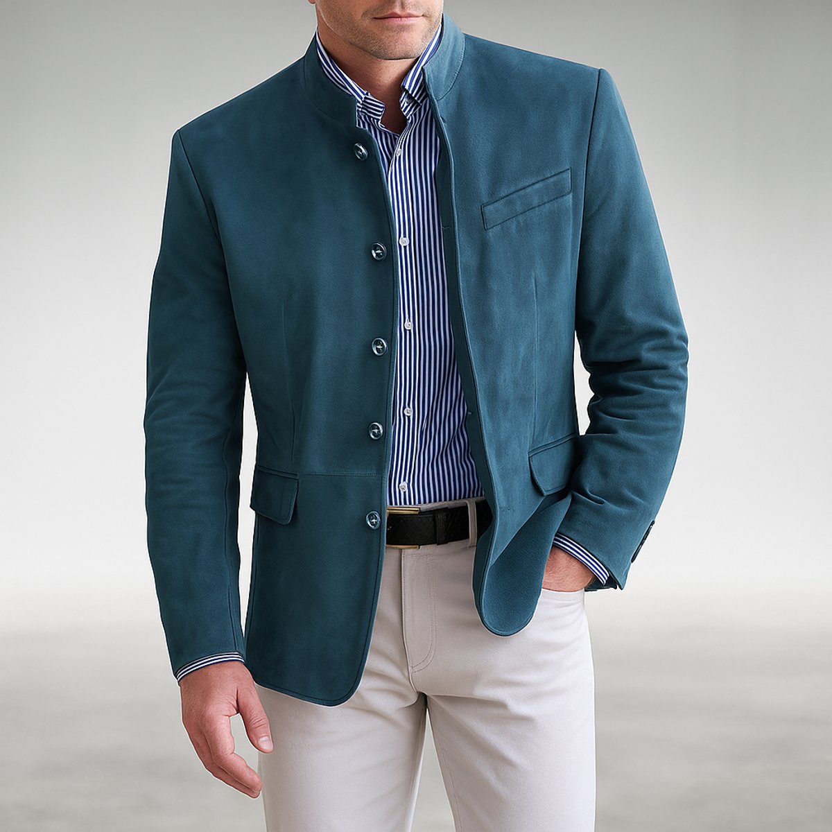 Men's Structured Mandarin Collar Button-Front Jacket - Blue