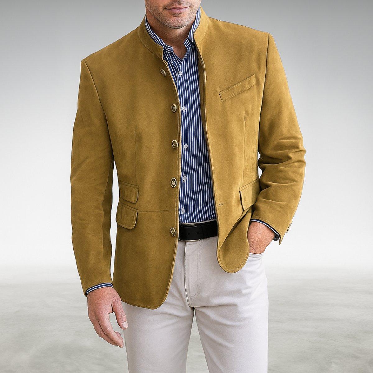 Men's Structured Mandarin Collar Button-Front Jacket - Yellow