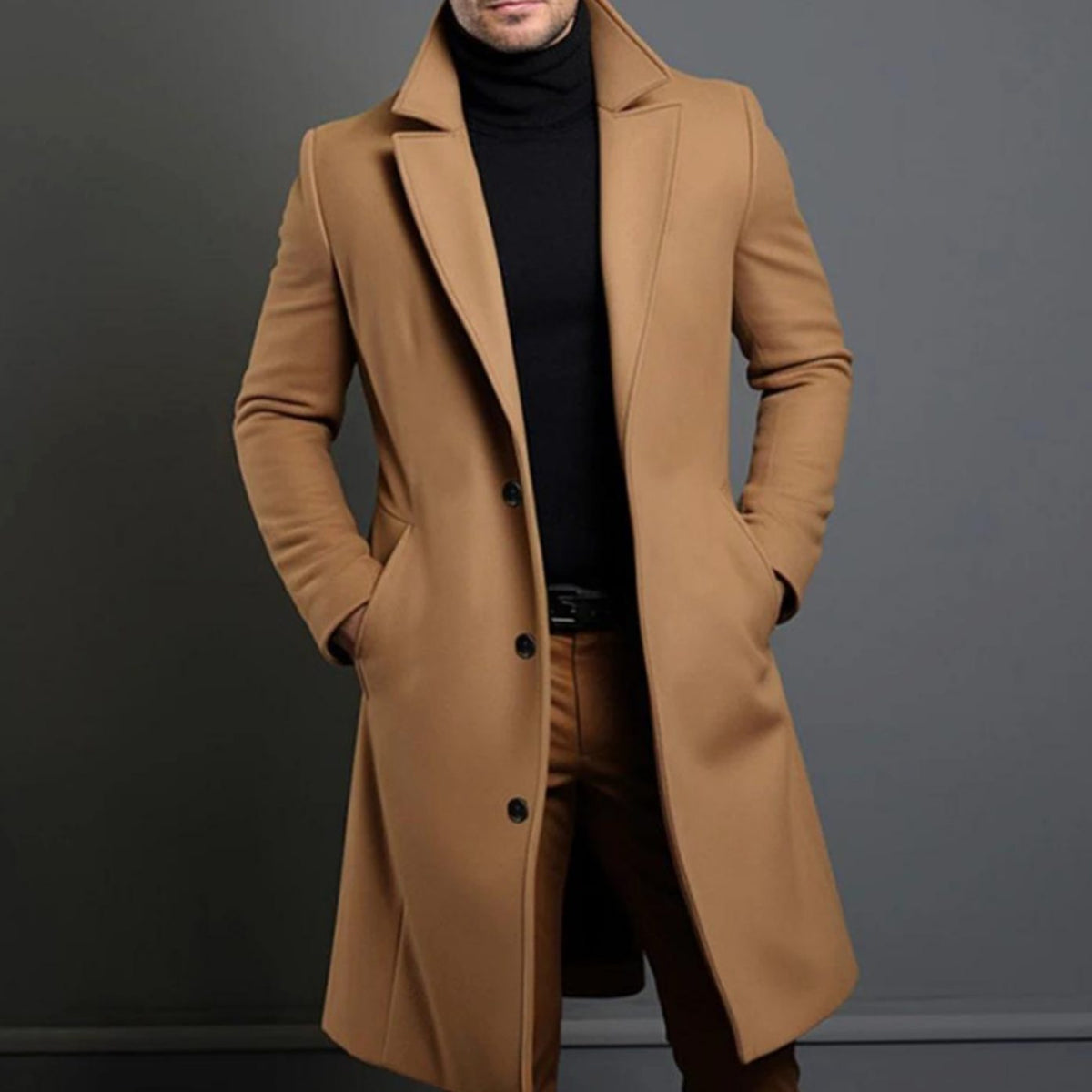 Men's Single-Breasted Knee-Length Tailored Overcoat - Brown