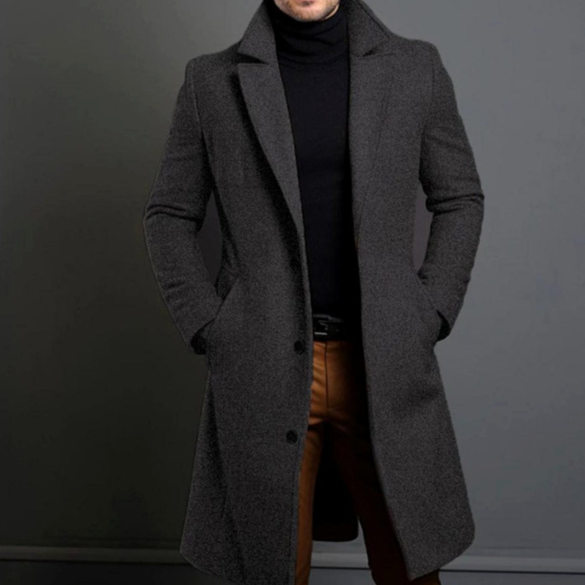 Men's Single-Breasted Knee-Length Tailored Overcoat - Gray