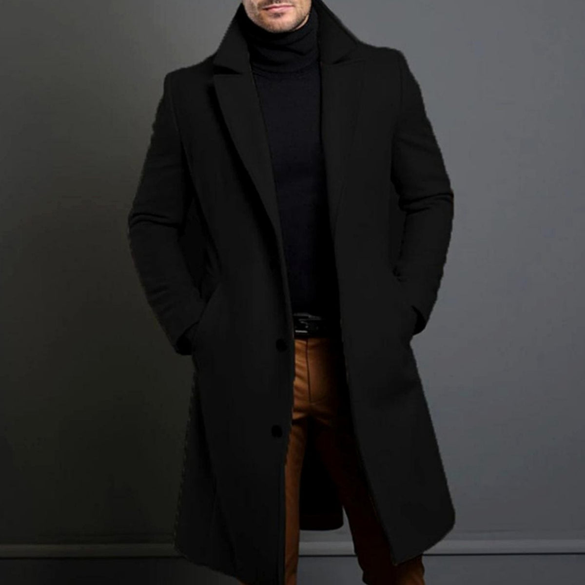Men's Single-Breasted Knee-Length Tailored Overcoat - Black