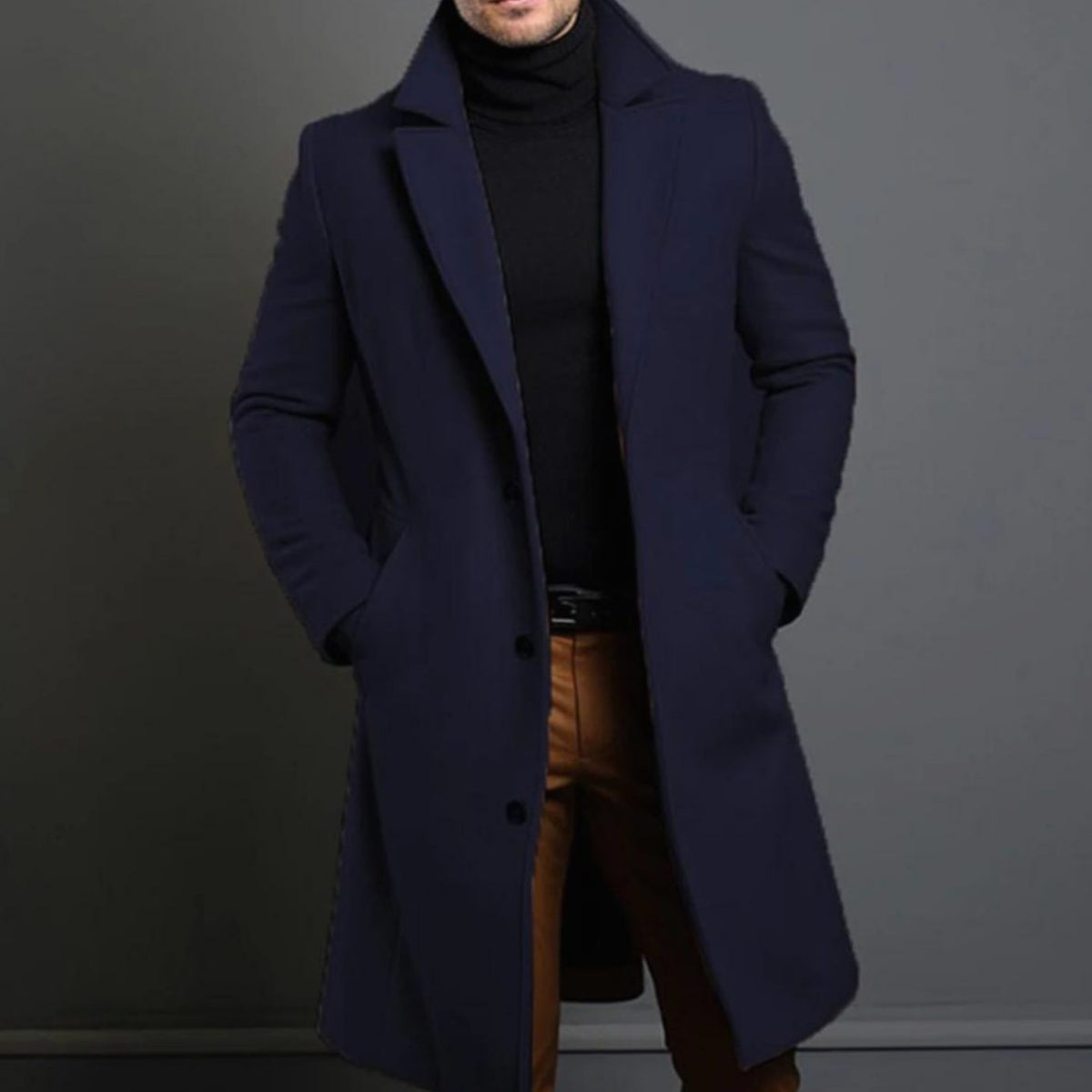 Men's Single-Breasted Knee-Length Tailored Overcoat - Blue
