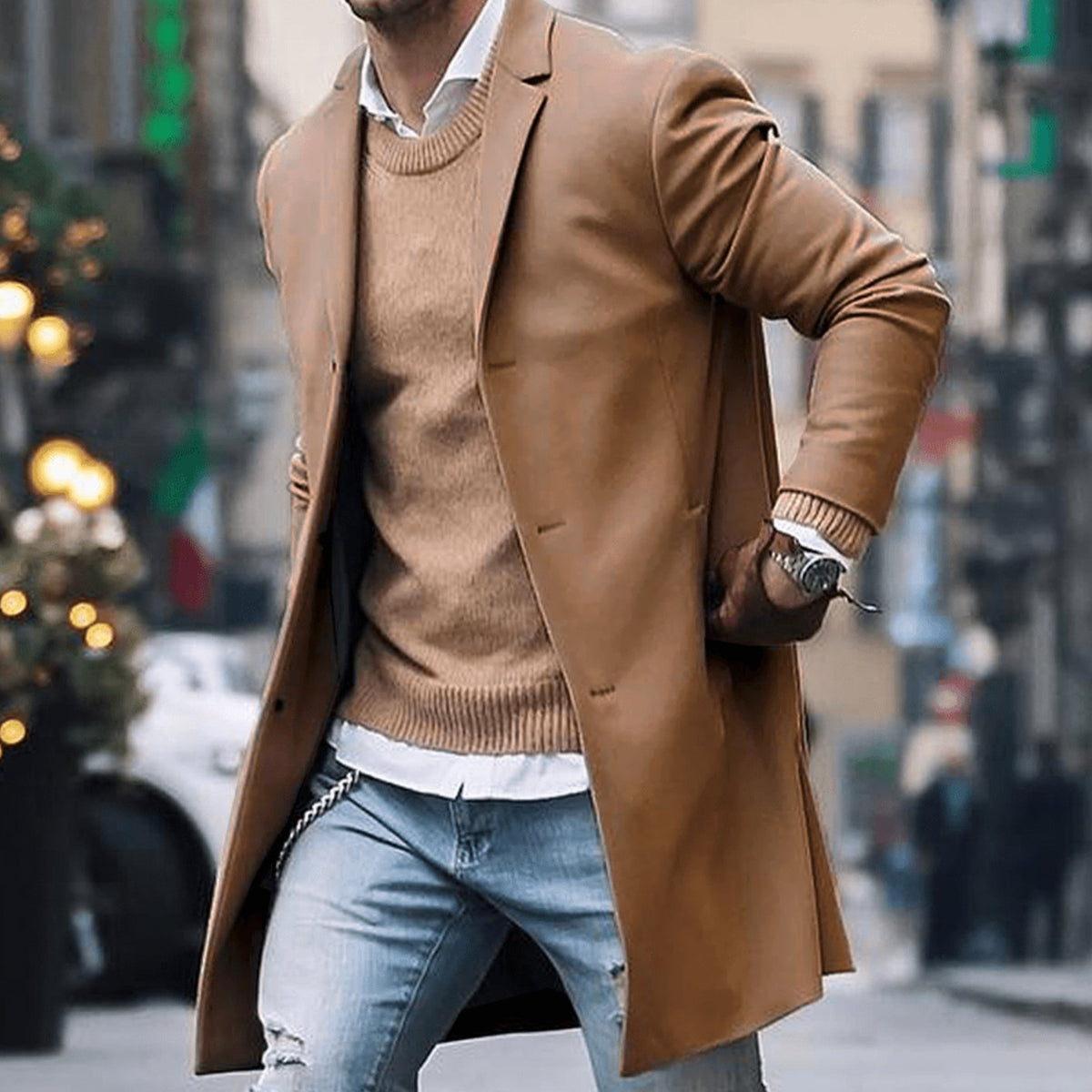 Men's Tailored Notch Lapel Long Overcoat - Khaki