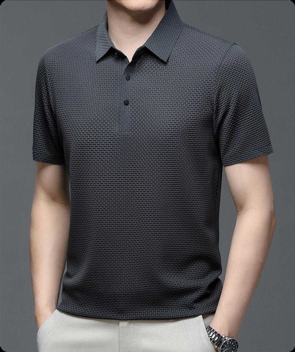 Men's Textured Mesh Button-Up Polo Shirt