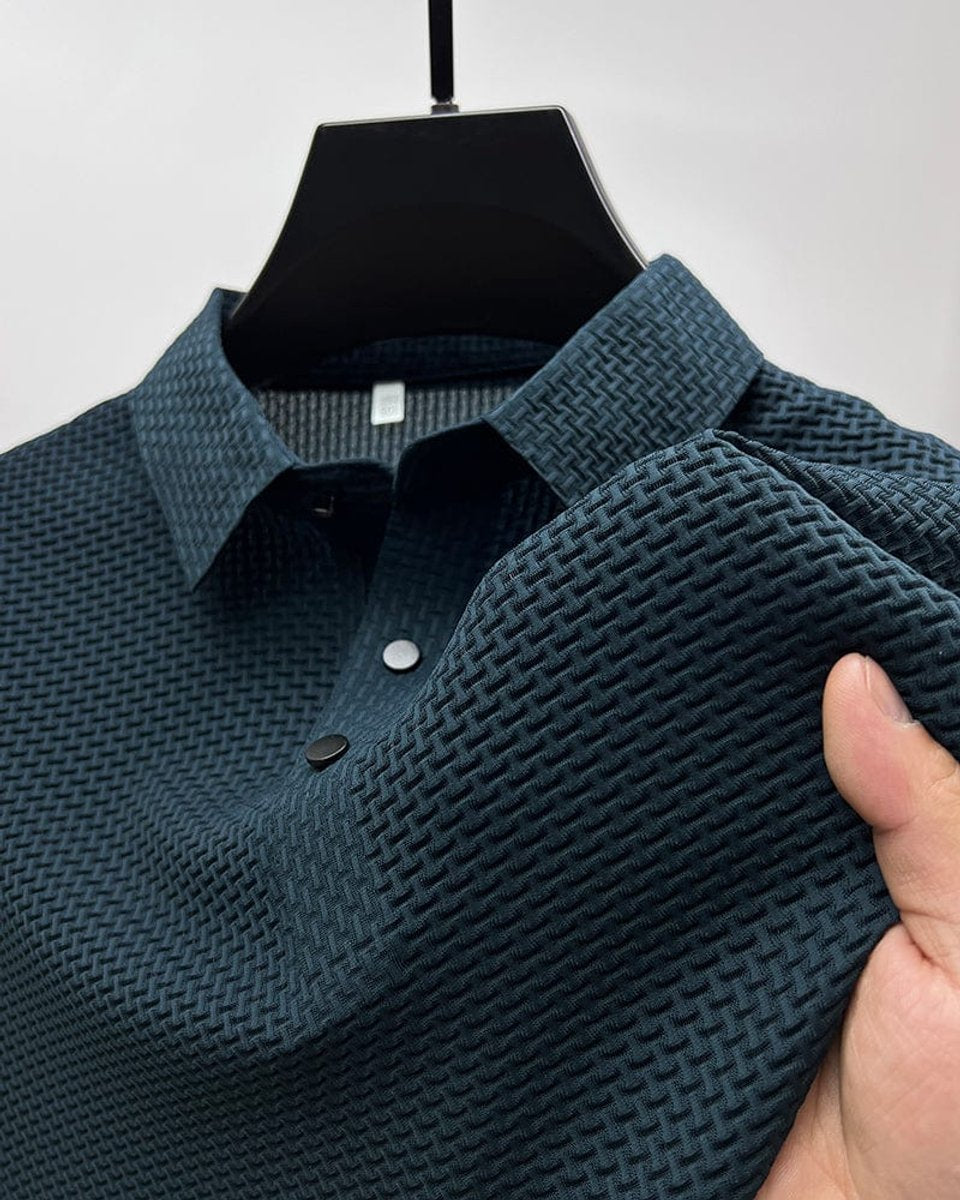 Men's Textured Mesh Button-Up Polo Shirt - Navy Blue